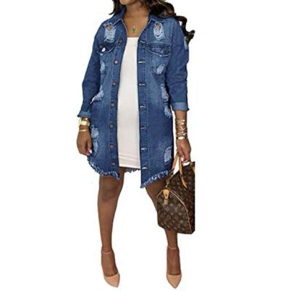 NWT Women's Distressed Ripped Mid Long Denim Jacket.